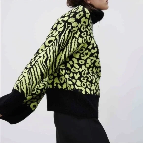 Zara Neon Yellow and Black Animal Print Turtleneck Sweater - Picture 15 of 15